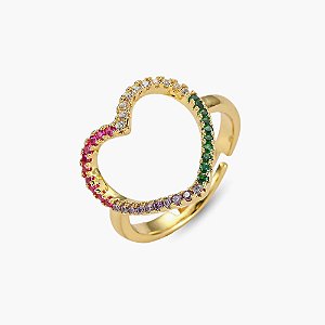 Anel Coração Vazado Rainbow Color Banhado a Ouro 18k