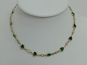 Choker coração 6 mm verde e pedra redonda cristal