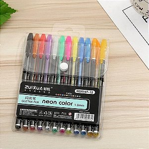 Estojo Caneta Gel Glitter Pen 1.0mm Com 12 Cores Neon Zuixua