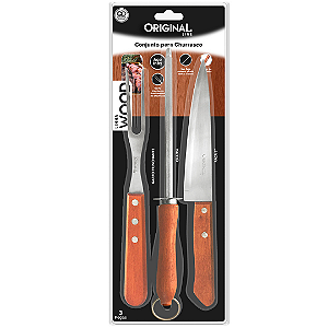 Conjunto Para Churrasco Inox Cabo De Madeira Wood SL0456 Original