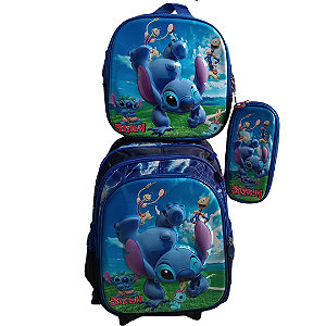 Kit Mochila De Rodinhas Lancheira E Estojo Stitch Azul