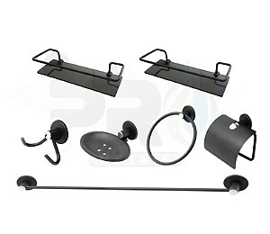 Kit Acessório Para Banheiro Aço Inox 5 Peças + 2 Porta Shampoo Vidro Retangular Preto Fosco