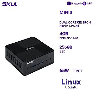 Computador Mini3 Dual Core Celeron N4020 1.10ghz Memória 4gb Ddr4 Ssd 256gb Fonte 65w Externa Linux Ubuntu