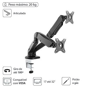 Suporte A Gás Para 2 Monitores 17'' A 32'' Vesa 100x100 Sm-341b [F018]