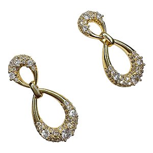Brinco pendente 2 gotas vazadas com zirconia