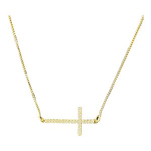 Colar crucifixo palito horizontal cravejado