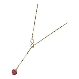 Colar gravata infinito pedra coração feldspato rosa