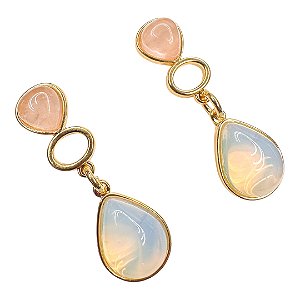 Brinco pendente pedras quartzo rosa  e opalina