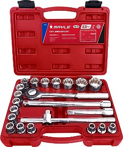 Jogo de soquetes estriados encaixe 1/2", 8 mm a 32 mm, com 23 peças, MAYLE