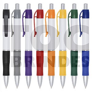 Caneta esferográfica plástica branca com emborrachado colorido, tinta azul