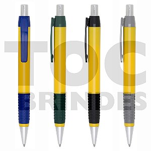 Caneta plástica esferográfica, corpo amarelo, com detalhe emborrachado, tinta azul