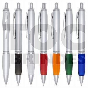 Caneta plástica com detalhe colorido esferográfica tinta azul
