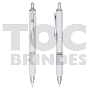 Caneta plástica corpo branco, esferográfica com tinta azul