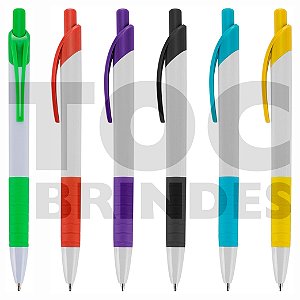 Caneta plástica branca com detalhe colorido na mesma cor do clipe, esferográfica azul