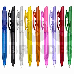 Caneta plástica translúcida colorida, esferográfica azul, corpo, acionador e clipe nas mesmas cores