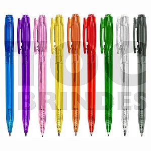 Caneta plástica translúcida colorida, esferográfica azul, corpo, acionador e clipe nas mesmas cores