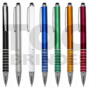 Caneta plástica, ponta com borracha para touch para celular e tablet, colorida metalizada, apoiador texturizado, recartihado, detalhes prata, esferográfica azul