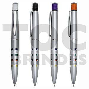 Caneta plástica prata com detalhes coloridos, acionador colorido com borracha tipo mola, esferográfica cor azul
