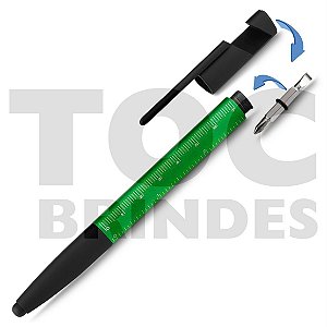 Caneta plástica triangular multifunção, régua, porta celular, limpador de tela, mini chaves Philips e Fenda, ponta touch para celular ou tablet e esferográfica tinta azul