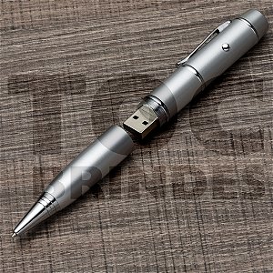 Caneta Pen Drive de 4GB, em aço, detalhes cromados e raio laser, esferográfica azul