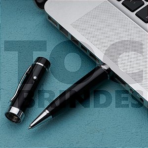 Caneta Pen Drive de 8GB, em aço, detalhes cromados e raio laser, esferográfica azul