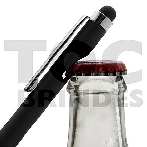 Caneta com abridor de garrafas, ponta emborrachada para touch para celular e tablet, corpo em aço, esferográfica azul, detalhes cromados