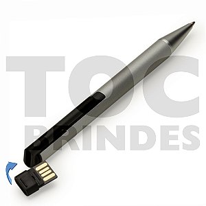 Caneta Pen Drive de 8GB, em aço, detalhes cromados fosco, esferográfica azul