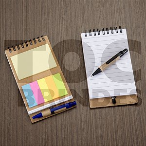 Bloco para anotações com autoadesivos e mini-caneta esferográfica, capa kraft, encadernação duplo anel