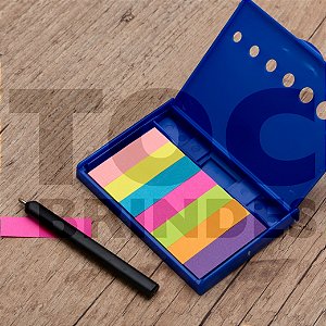 Kit blocos autoadesivos coloridos, com estojo e mini-caneta esferográfica tinta azul