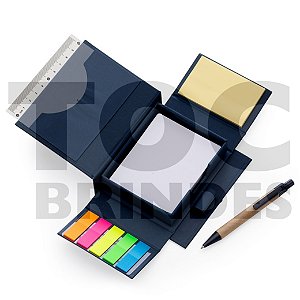 Bloco para anotações com caneta e bloquinhos autoadesivos coloridos com régua plástica e mini-caneta ecológica