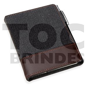 Bloco para anotações com zíper, capa com feltro e couro sintético, porta cartões e porta canetas