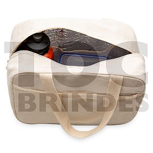Bolsa térmica 9,0 litros, em algodão, bolsos externo e interno, alça para mão e revestimento térmico