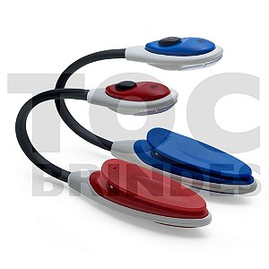 Lanterna LED com prendedor tipo grampo, corpo plástico e cabo flexível emborrachado