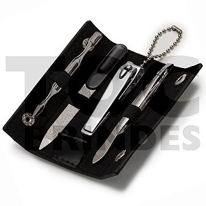 Kit manicure 4 peças, estojo em couro sintético preto dobrável, revestido com veludo