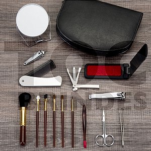 Kit manicure 15 peças, estojo em couro sintético preto, revestimento em plástico texturizado