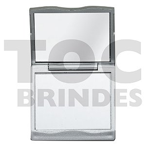 Espelho para bolsa, duplo, quadrado, com aumento, em plástico cinza