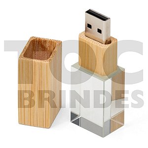 Pen drive em cristal transparente e bambu, com armazenamento de 4GB, 8GB, 16GB ou 32GB