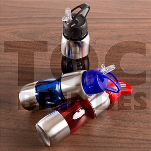 Squeeze 600ml, em alumínio e plástico, bico tipo canudo, alça plástica, detalhes coloridos, tampa rosqueável