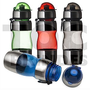 Squeeze 450ml, em alumínio e plástico, bico com válvula e tampa, alça plástica, detalhes coloridos, tampa rosqueável