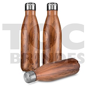 Garrafa 750ml, inox com pintura imitando madeira e tampa rosqueável