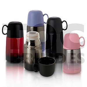 Garrafa térmica 250ml, inox com pintura colorida degradê, tampa hermética rosqueável e segunda tampa com alça usada como xícara