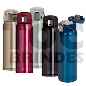 Garrafa térmica 450ml, inox com pintura colorida alto brilho, tampa plástica rosqueável na mesma cor da garrafa e com borracha anti vazamento