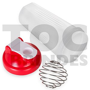 Copo 600ml, modelo coqueteleira para shake, em plástico com tampa colorida rosqueável com bocal e trava de segurança, com mola misturadora