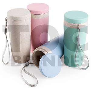 Copo 350ml, em fibra fibra de bambu, ecológico, parade dupla, tampa rosqueável com alça removível em nylon
