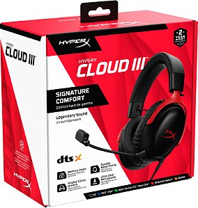 Headset gamer HyperX - Cloud III - Áudio Espacial DTS Headphone:X, Microfone de eletreto condensador, Compatibilidade multiplataforma, Drivers 53mm