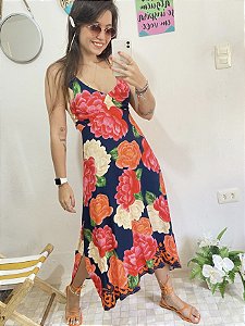 VESTIDO ALCINHA MIDI FLOR POWER (AZUL MARINHO)