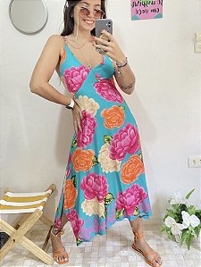 VESTIDO ALCINHA MIDI FLOR POWER (VERDE ÁGUA)