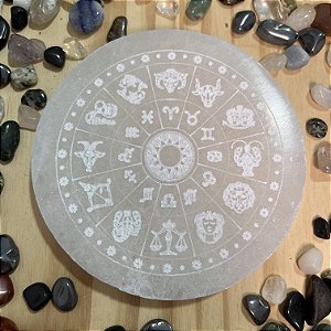 Placa de Selenita Branca Mandala Astrológica - 10 cm