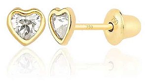 BRINCO INFANTIL CORAÇÃO COM PEDRA DE ZIRCÔNIA BRANCA OURO 18K.