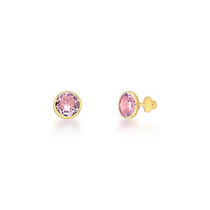 Brinco Encastoado Solitário Zircônia  Redonda Rosa de 5 Mm  Ouro 18k.